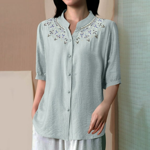 Maoxin Womens Tops 3/4 Length Sleeves Womens Spring And Summer V Neck 3/4 Sleeve Solid Loose Casual Cotton 3/4 Sleeve Tops for Women Light Blue 4XL