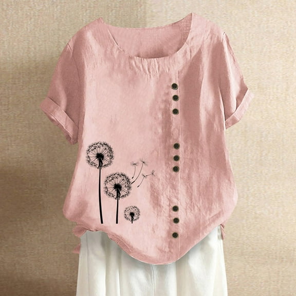 Womens Tops Fashion Woman Rounk Neck Short Sleeve Blouse T Shirt Printing Loose Blouses for Women Pink L