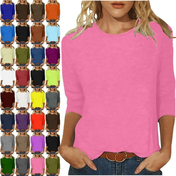 Maoxin Womens Tops Women's Fashion Solid T Shirt Mid Length 3/4 Sleeves Blouse Round Neck Casual Tops Tops for Women Trendy Summer Pink S