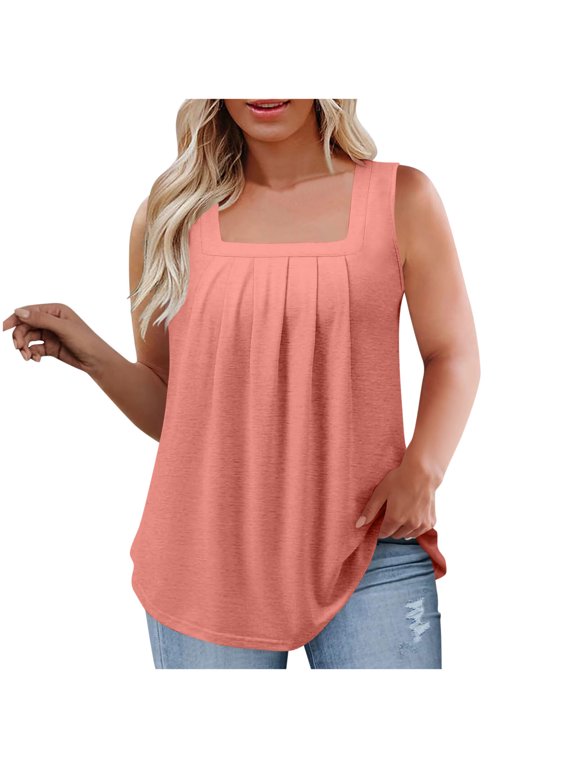 Womens Tops Women's Summer Solid Color Plus Size Square Neck Sleeveless Pleated Top Plus Size Women Tops Pink XL