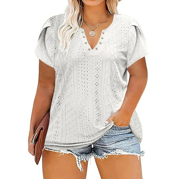 Maoxin Womens Tops Womens Plus Size Summer Casual Neck Hollow Tee Shirts Leaf Sleeve Fashion Loose Blouse Blouses for Women White 3XL
