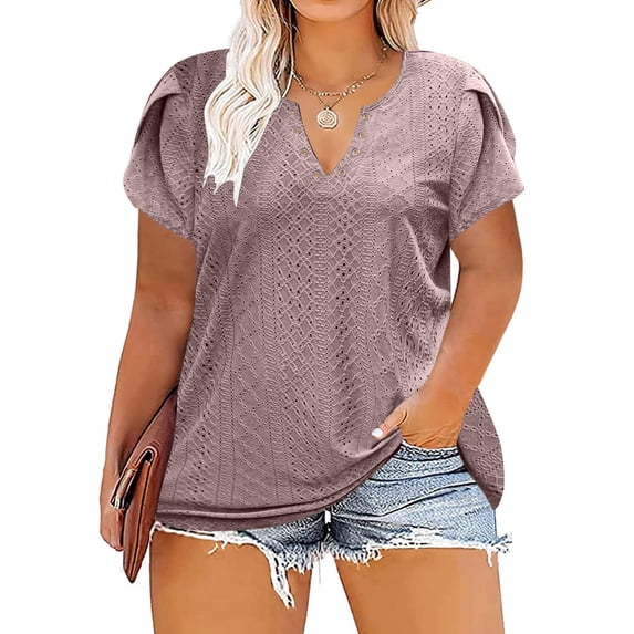 Maoxin Womens Tops Womens Plus Size Summer Casual Neck Hollow Tee Shirts Leaf Sleeve Fashion Loose Blouse Tops for Women Trendy Summer Pink 4XL