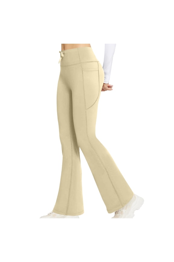 Yoga Pants Women's Solid Color High Waisted Hip Elastic Pocket Fitness And Sports Tight And Nude Yoga Long Pants Workout Leggings Beige 2XL