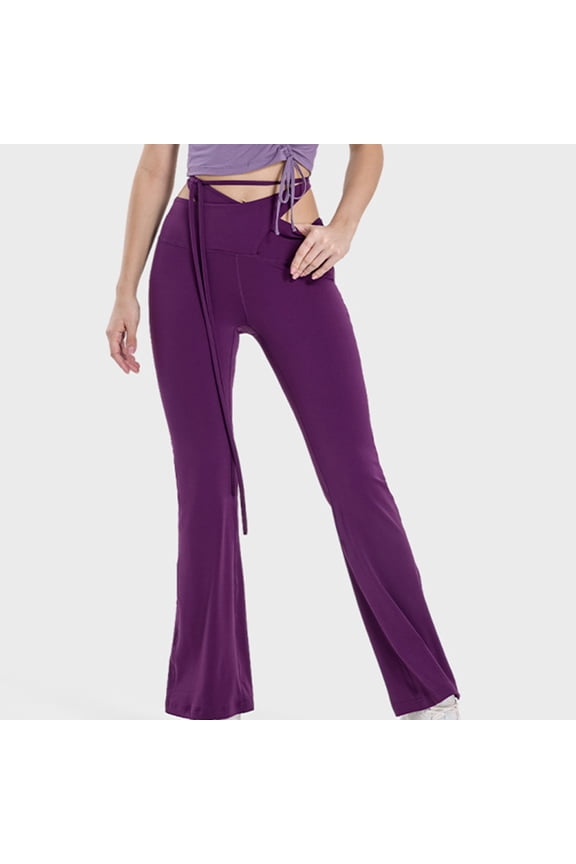 Maoxin Yoga Pants Women's Solid Color For The Of Intersecting Waist Head Lace-up Elastic Yoga Pants Hip Lift Belly Fashion Everything Tight And Waist Flare Pants Workout Leggings Purple 2XL
