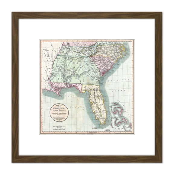 Map 1806 Cary Carolinas Georgia Florida 8X8 Inch Square Wooden Framed Wall Art Print Picture with Mount