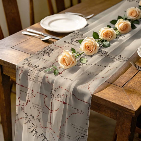 Map 4.5 ft Cheesecloth Table Runner for Wedding 19"x55", Medieval Retro Kitchen Dinner Sheer Tulle Chiffon Dresser Scarf, Holiday Party Decorations