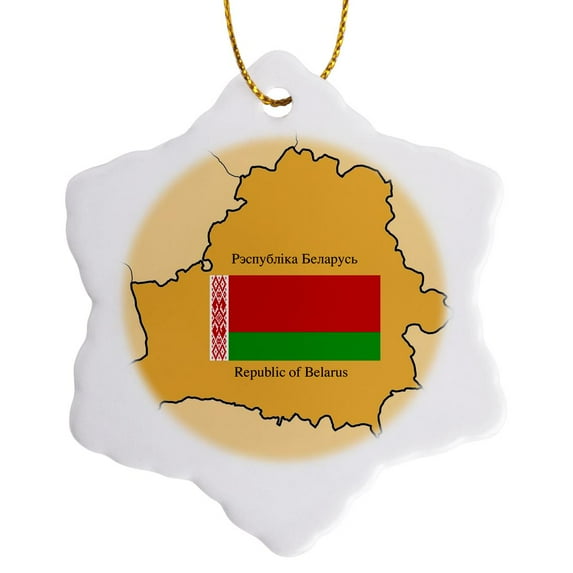 3drose, Map and Flag of Belarus with Republic of Belarus Printed in English and Belarusian, 3 inch Snowflake Porcelain Ornament