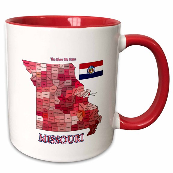 3drose, Map and Flag of Missouri with State Nickname. All Counties Labeled, 11oz Two-tone Red Mug