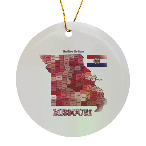 3drose, Map and Flag of Missouri with State Nickname. All Counties Labeled, Circle Porcelain Ornament