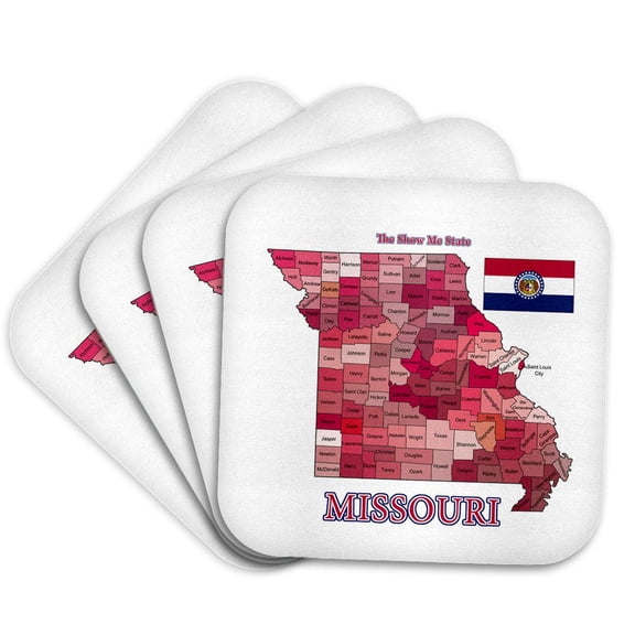 3drose, Map and Flag of Missouri with State Nickname. All Counties Labeled, Set of 4 Coasters - Soft