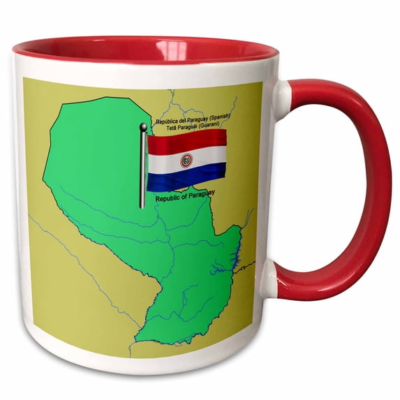 3drose, Map and Flag of Paraguay with Republic of Paraguay Printed in English, Spanish and Guarani, 11oz Two-tone Red Mug