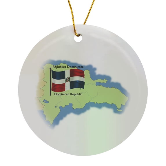 Map And Flag Of The Dominican Republic With Dominican Republic In Both English And Spanish, Circle Porcelain Ornament