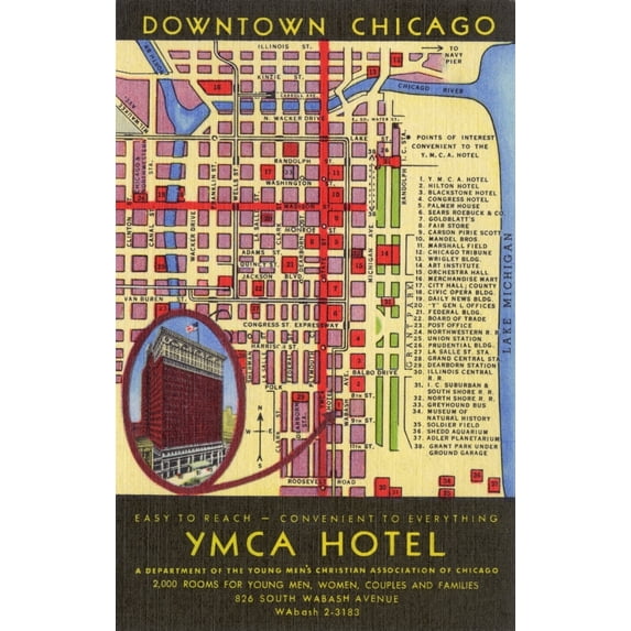 Map And Location Of Ymca Hotel - Chicago Usa Poster Print By Mary Evans Grenville Collins Postcard Collection