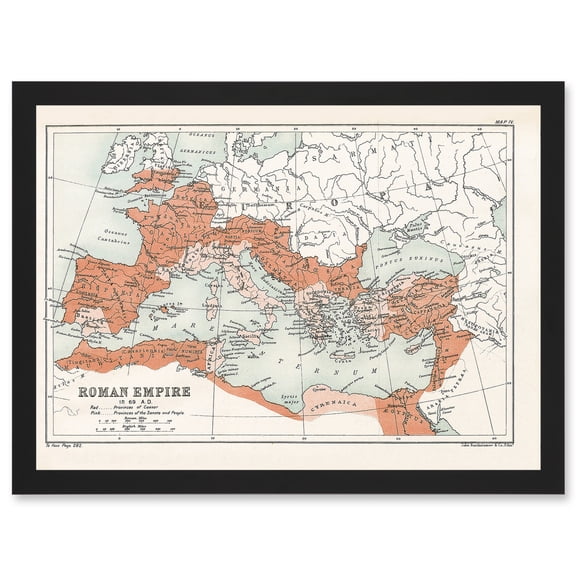 Map Antique Bartholemew Rome Roman Empire Mediterranean Artwork Framed Wall Art Print A4