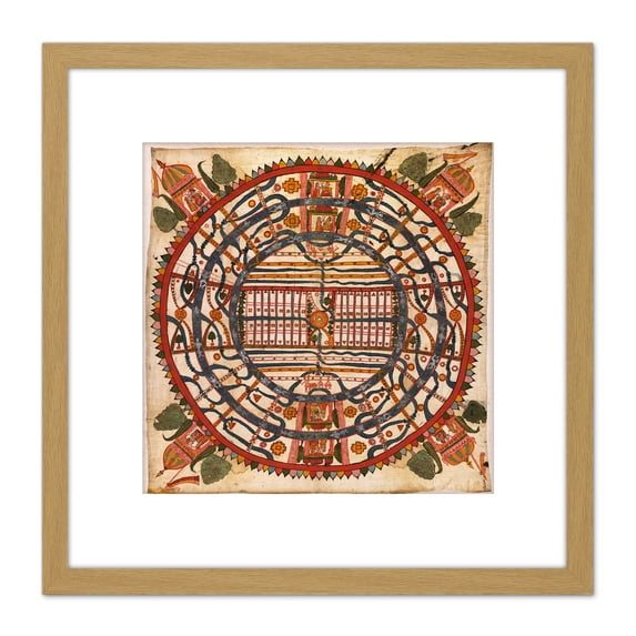 Map Antique Cosmology 1890 Rajasthan Jain World Men Replica 8X8 Inch Square Wooden Framed Wall Art Print Picture with Mount