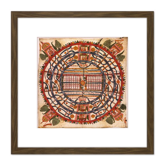 Map Antique Cosmology 1890 Rajasthan Jain World Men Replica 8X8 Inch Square Wooden Framed Wall Art Print Picture with Mount