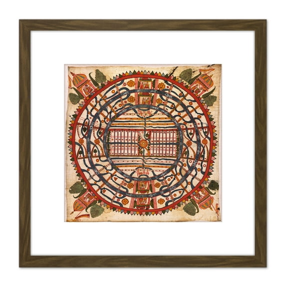 Map Antique Cosmology 1890 Rajasthan Jain World Men Replica 8X8 Inch Square Wooden Framed Wall Art Print Picture with Mount