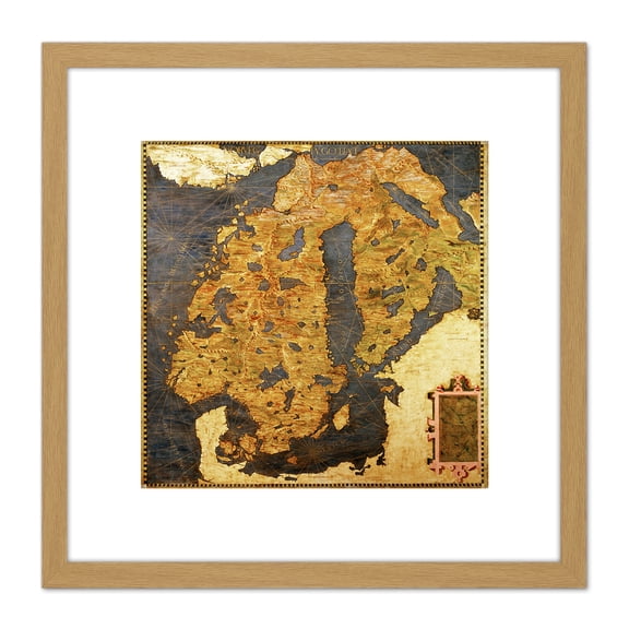 Map Antique Danti Gold Atlas Scandinavia Old Replica 8X8 Inch Square Wooden Framed Wall Art Print Picture with Mount