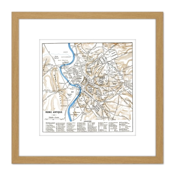 Map Antique Historic 1870 Ancient Rome City Plan Replica 8X8 Inch Square Wooden Framed Wall Art Print Picture with Mount