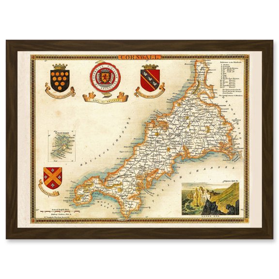 Map Antique Moule 1850 Cornwall County England UK Artwork Framed Wall Art Print A4