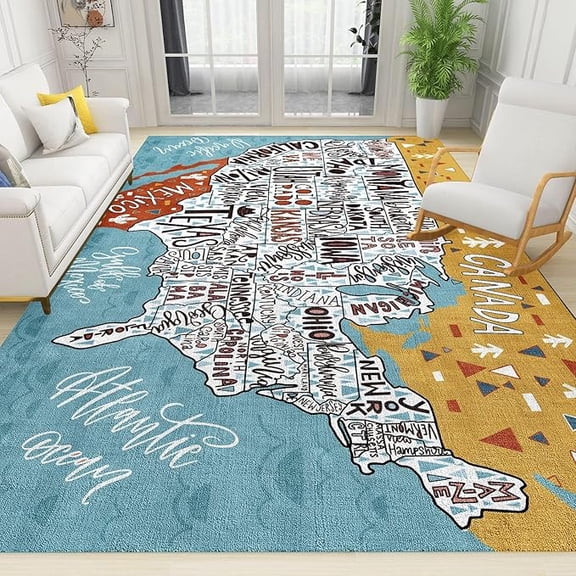 Map Area Rug, Modern Kids Classroom Large Learning Rugs, Soft Blue Floor Carpet For Bedroom Living Room Bathroom Dining Room Home Decor Mat 5' x 7'