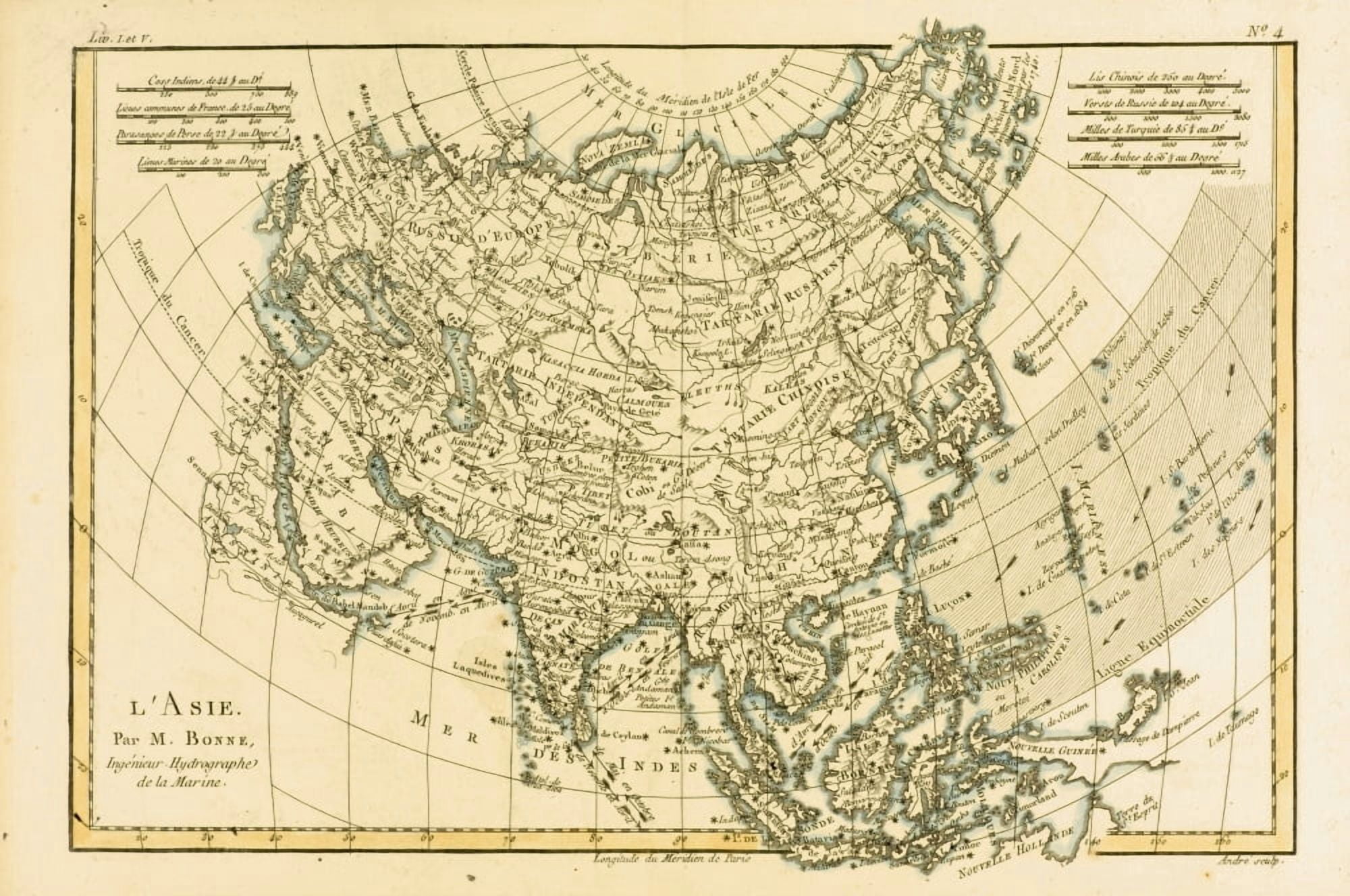 Map Of Asia Circa 1760 From Atlas De Toutes Les Parties Connues Du Globe Terrestre  By Cartographer Rigobert Bonne Published Geneva Circa 1760 Canvas Art - Ken Welsh  Design Pics (18 x 12)