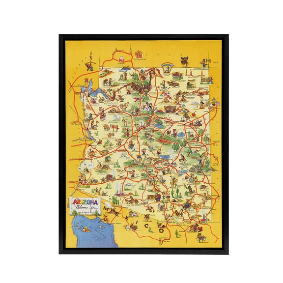 Map Avey 1942 Arizona Welcomes You Black Framed Canvas Wall Art Print 18X24"