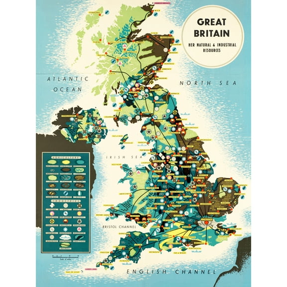 Map BIS 1945 United Kingdom UK Natural Resources Chart Extra Large XL Wall Art Poster Print
