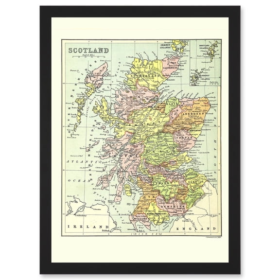 Map Bartholemew Scotland Counties UK Artwork Framed Wall Art Print A4