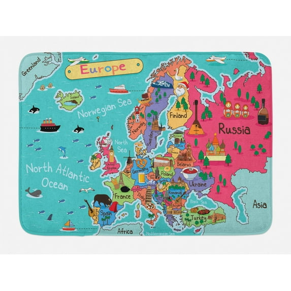 Map Bath Mat, Illustration of Europe Map with City Landmarks and in Cartoon Style, Plush Bathroom Decor Mat with Non Slip Backing, 29.5" X 17.5", Multicolor, by Ambesonne