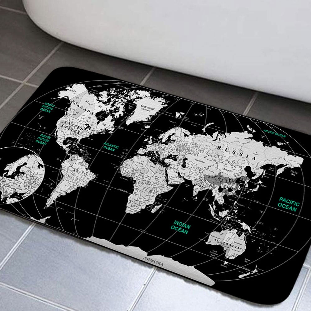 Map Bathroom Rugs, Black Asia Europe South City Topography America ...