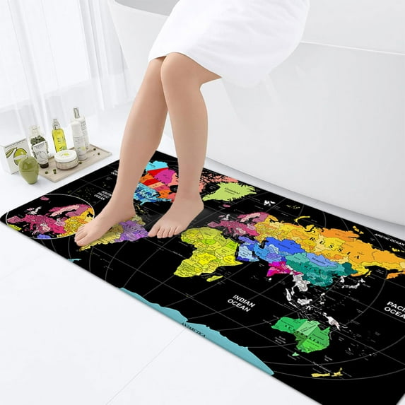 Map Bathroom Rugs, Black Asia Europe South City Topography America Africa Japan Non-Slip Bath Rugs, Map of World Bathroom Rugs Set, Bathroom Rug Mat 17X48inch, Extra Soft and Absorbent Bath Rugs