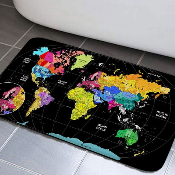 Map Bathroom Rugs, Black Asia Europe South City Topography America Africa Japan Non-Slip Bath Rugs, Map of World Bathroom Rugs Set, Bathroom Rug Mat 17x29inch, Extra Soft and Absorbent Bath Rugs