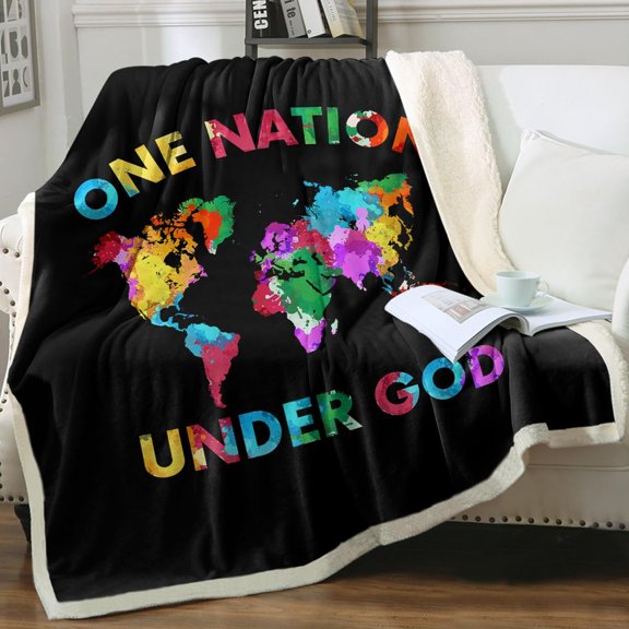 Map Blanket One Nation Under God Fleece Throw Blankets Black Colorful Map Fluffy Blanket Map Sherpa Throws and Blankets (Throw 50"x60")