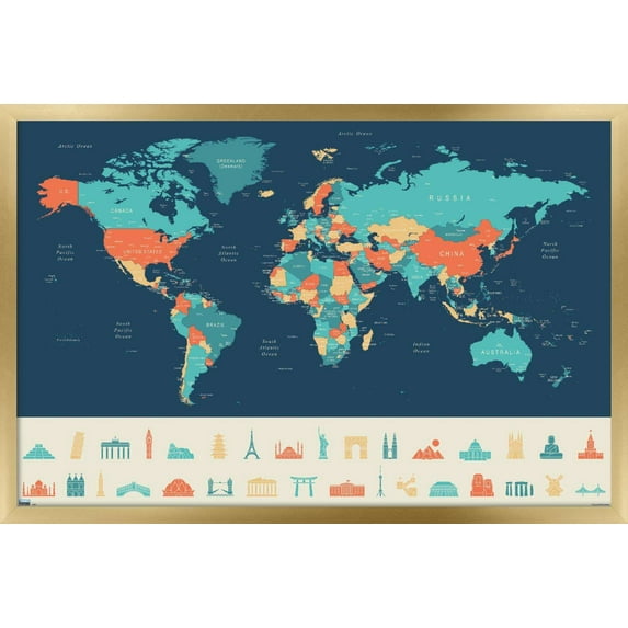 Map - Blue Wall Poster, 22.375" x 34", Framed