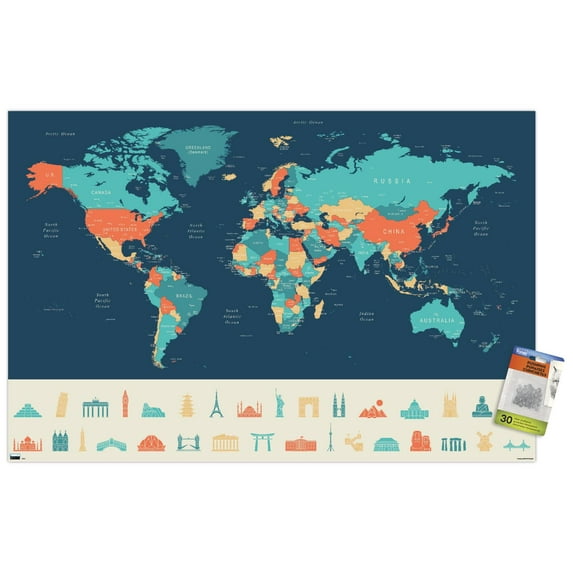 Map - Blue Wall Poster with Push Pins, 22.375" x 34"