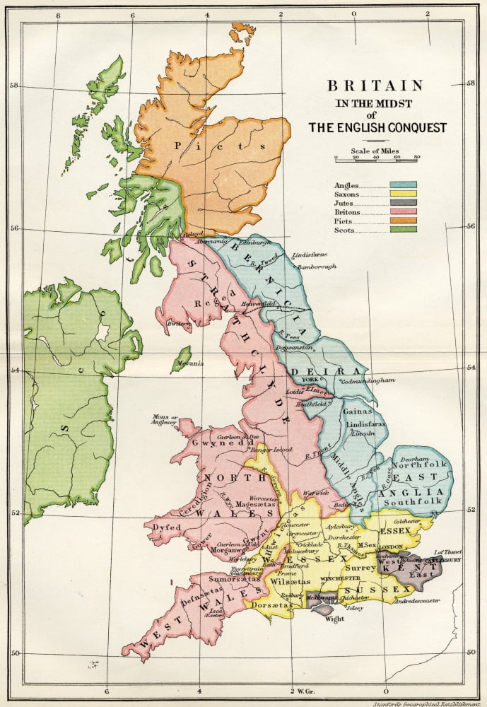 Map Of Britain In The Midst Of The English Conquest From A Short History Of The English People By John Richard Green Published By Macmillan And Co 1911 Canvas Art - Ken Welsh Design Pics (12 x 17)