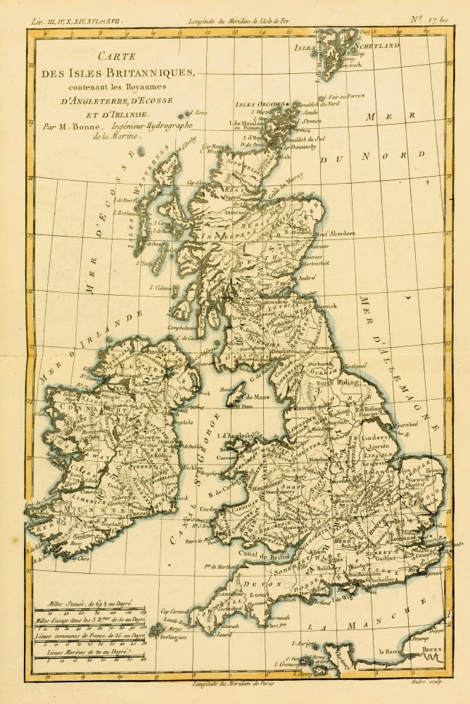 Map Of The British Isles Circa1760 From Atlas De Toutes Les Parties Connues Du Globe Terrestre By Cartographer Rigobert Bonne Published Geneva Circa 1760 Canvas Art - Ken Welsh Design Pics (11 x 17)