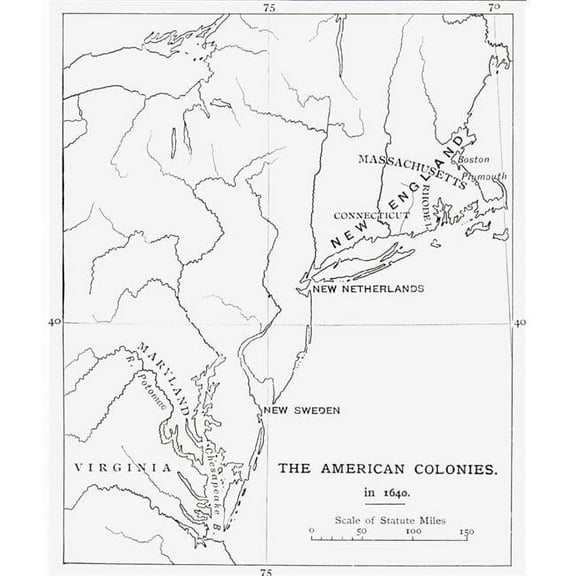 Map of British, Swedish & Dutch American Colonies As They Were In 1640 From The Book Short History of The English People by J.R. Green Published London 1893 Poster Print, 13 x 16