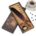 thumbnail image 1 of Map C Creative Feather Pen Set with Elegant Brass Nib, Glass Inkwell, Ink Cartridges, and Leather Rest, Gift for Writers and Poets, 1 of 2