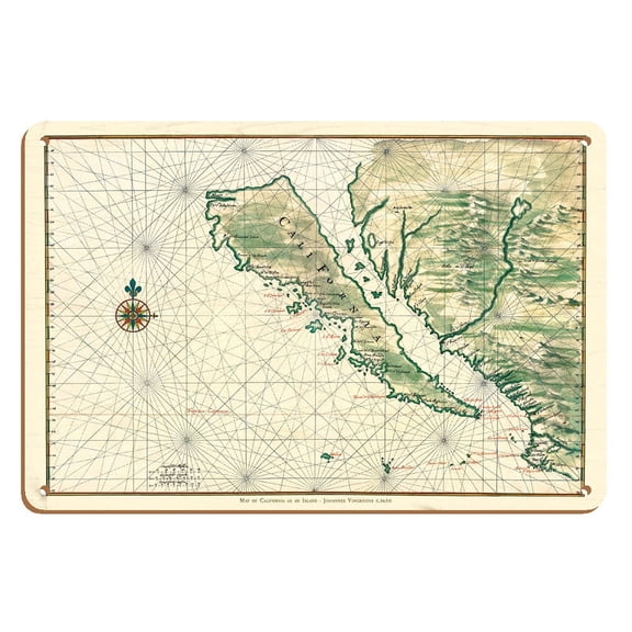Map of California as an Island - Baja California Peninsula - Vintage Colored Cartographic Map by Johannes Vingboons c.1650 - 8 x 12 inch Vintage Wood Art Sign