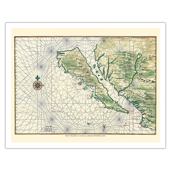 Map of California as an Island - Baja California Peninsula - Vintage Colored Cartographic Map by Johannes Vingboons c.1650 - Fine Art Matte Paper Print (Unframed) 11x14in