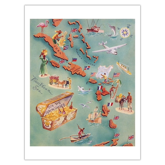 Map of Caribbean Islands - Don the Beachcomber Tiki Bar and Restaurant - Vintage Pictorial Map c.1940s - Bamboo Fine Art 290gsm Paper (Unframed) 12x16in