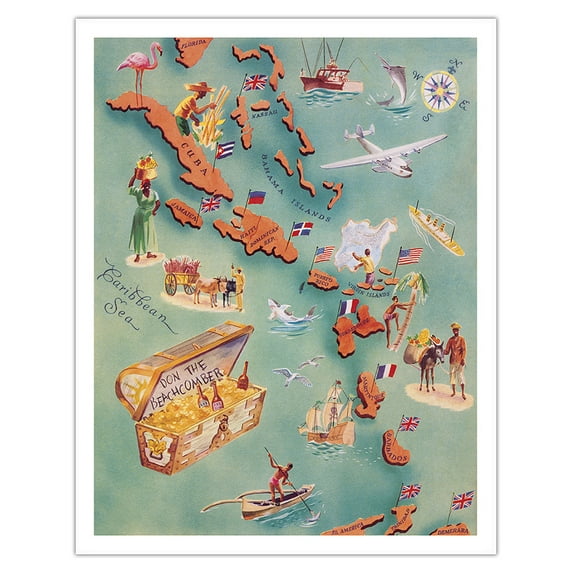Map of Caribbean Islands - Don the Beachcomber Tiki Bar and Restaurant - Vintage Pictorial Map c.1940s - Fine Art Matte Paper Print (Unframed) 11x14in