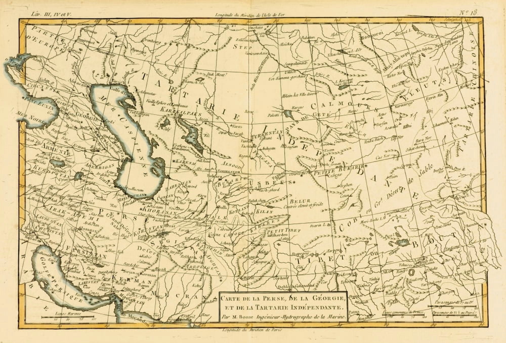 Map Of Central Asia Circa1760 From Atlas De Toutes Les Parties Connues Du Globe Terrestre By Cartographer Rigobert Bonne Published Geneva Circa 1760 Canvas Art - Ken Welsh Design Pics (34 x 22)