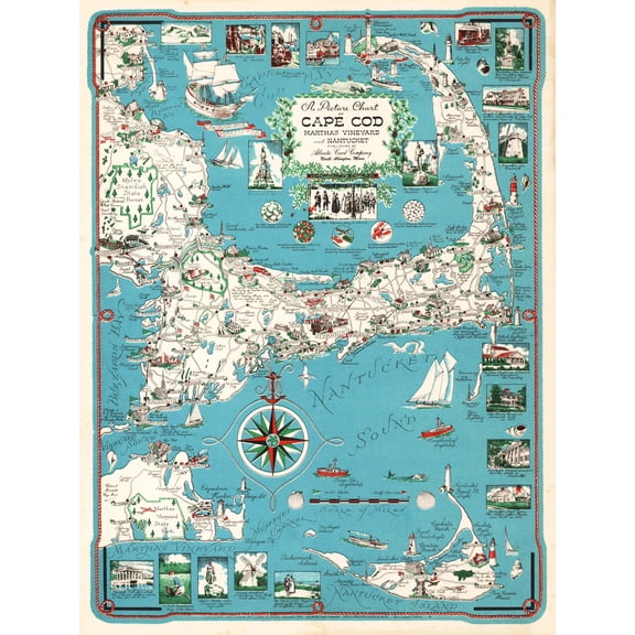 Map Chase 1949 Cape Cod Nantucket Massachusetts Pictorial Extra Large XL Wall Art Poster Print