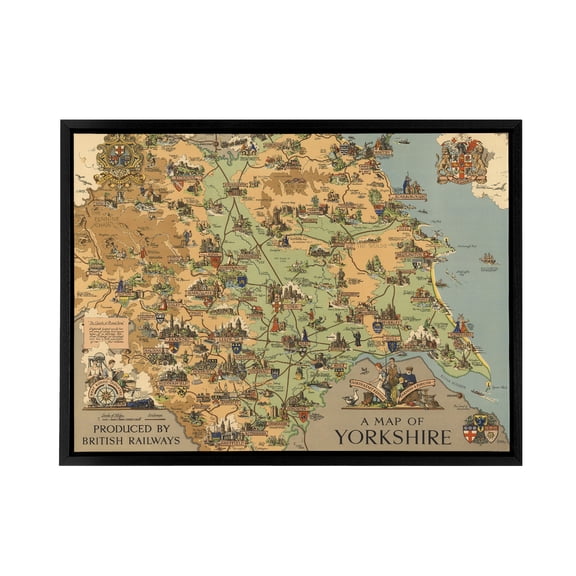 Map Clark 1949 Yorkshire Rail England Black Framed Canvas Wall Art Print 12X16"