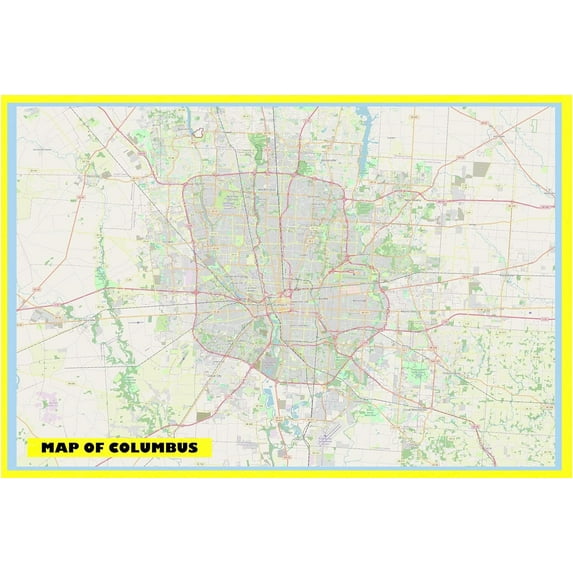 Map of Columbus 36x54 with Neighborhoods, Streets, Roads, Highways and Parks - Glossy Photo Paper Wall Map Poster Print - Vivid Imagery with Bright Colors
