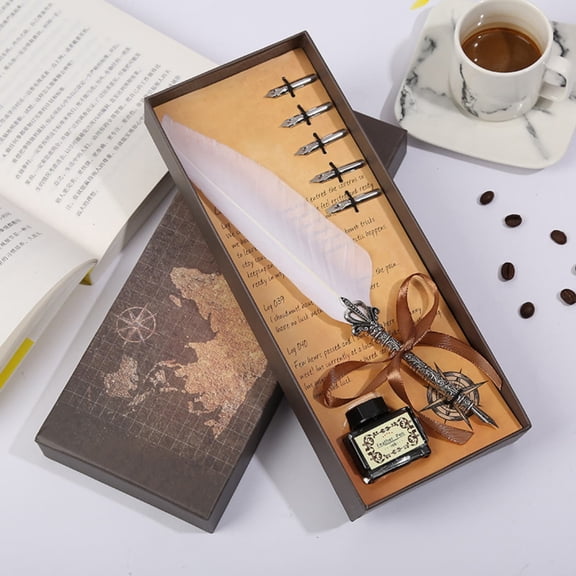 Map Creative Pen Gift Crown Feather Pen Set , a Dip Pen with Head, 5 Replacement Heads, One Bottle of Ink, in a Decoration Gift Box