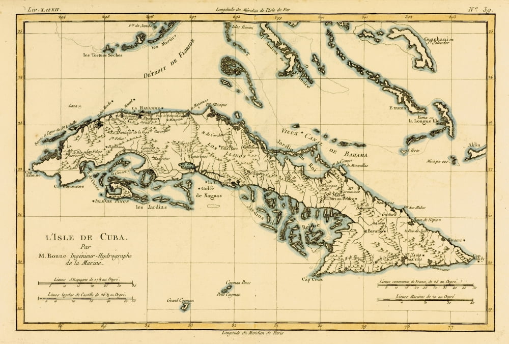 Map Of Cuba Circa 1760 From Atlas De Toutes Les Parties Connues Du Globe Terrestre ??? By Cartographer Rigobert Bonne Published Geneva Circa 1760 Canvas Art - Ken Welsh Design Pics (17 x 11)
